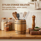 MyGift Wine Barrel Design Kitchen Utensil Crock, Light Brown Solid Bamboo Wood Cooking Tool Holder