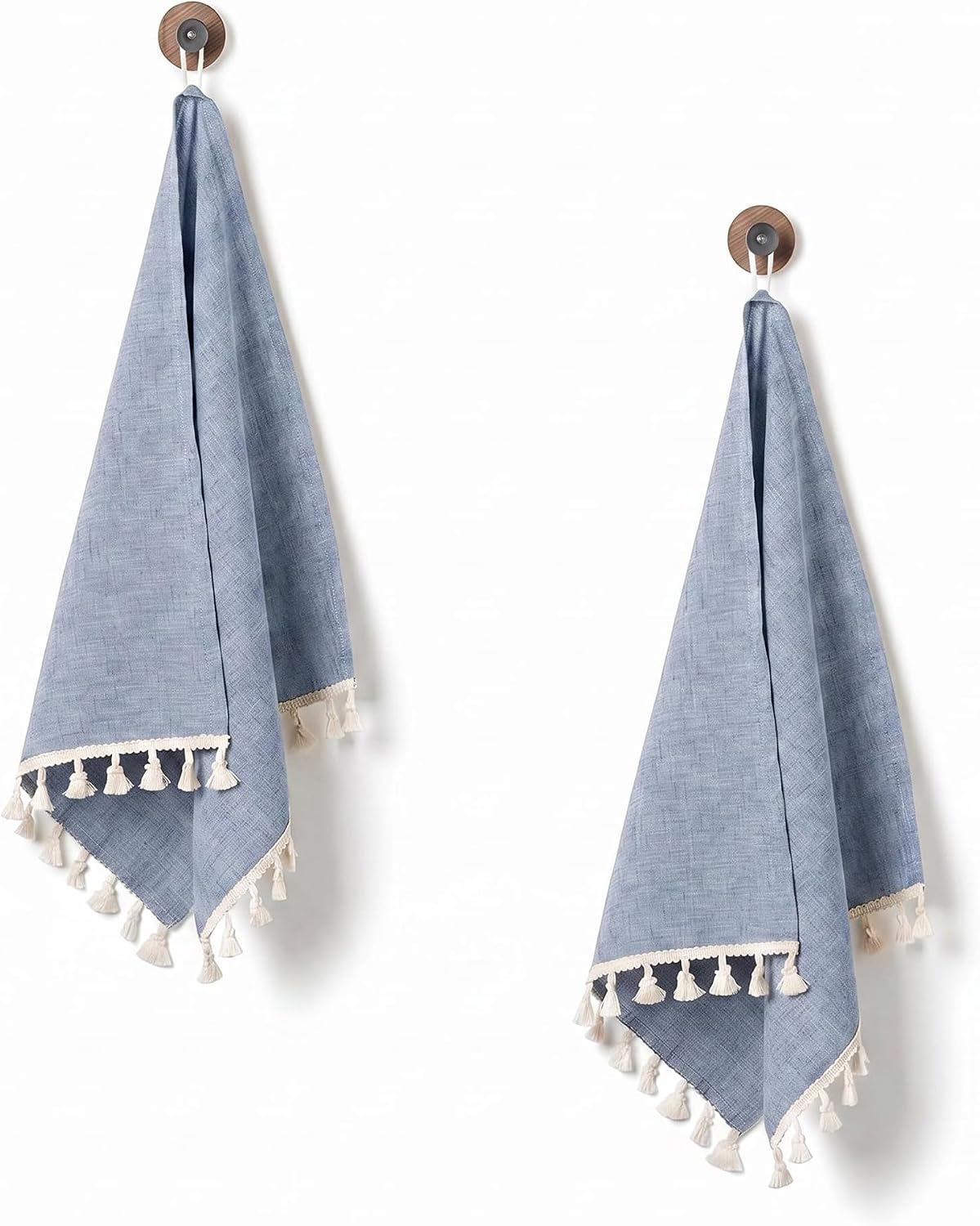 100% Linen Hand Towels 2 Pcs, 16x40 Inch Boho Decorative Kitchen Towels with Short Edge Tassel, Absorbent Soft Guest Bathroom Tea Dish Towels, Farmhouse Sink Towel Set,Blue