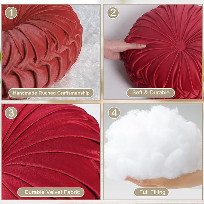 HIG Set of 2 Red Ruched Velvet Round Throw Pillows – 14.5’’ Decorative Pillows - Image 3