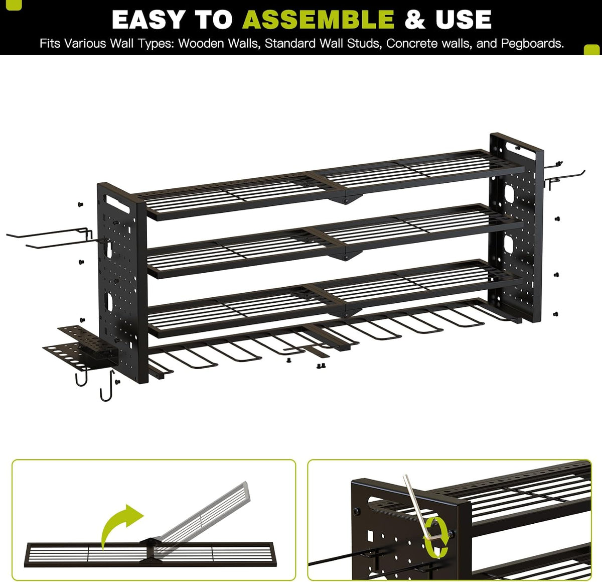 Power Tool Drill Holder Wall Mount, 4Tier Garage Organizer, Black
