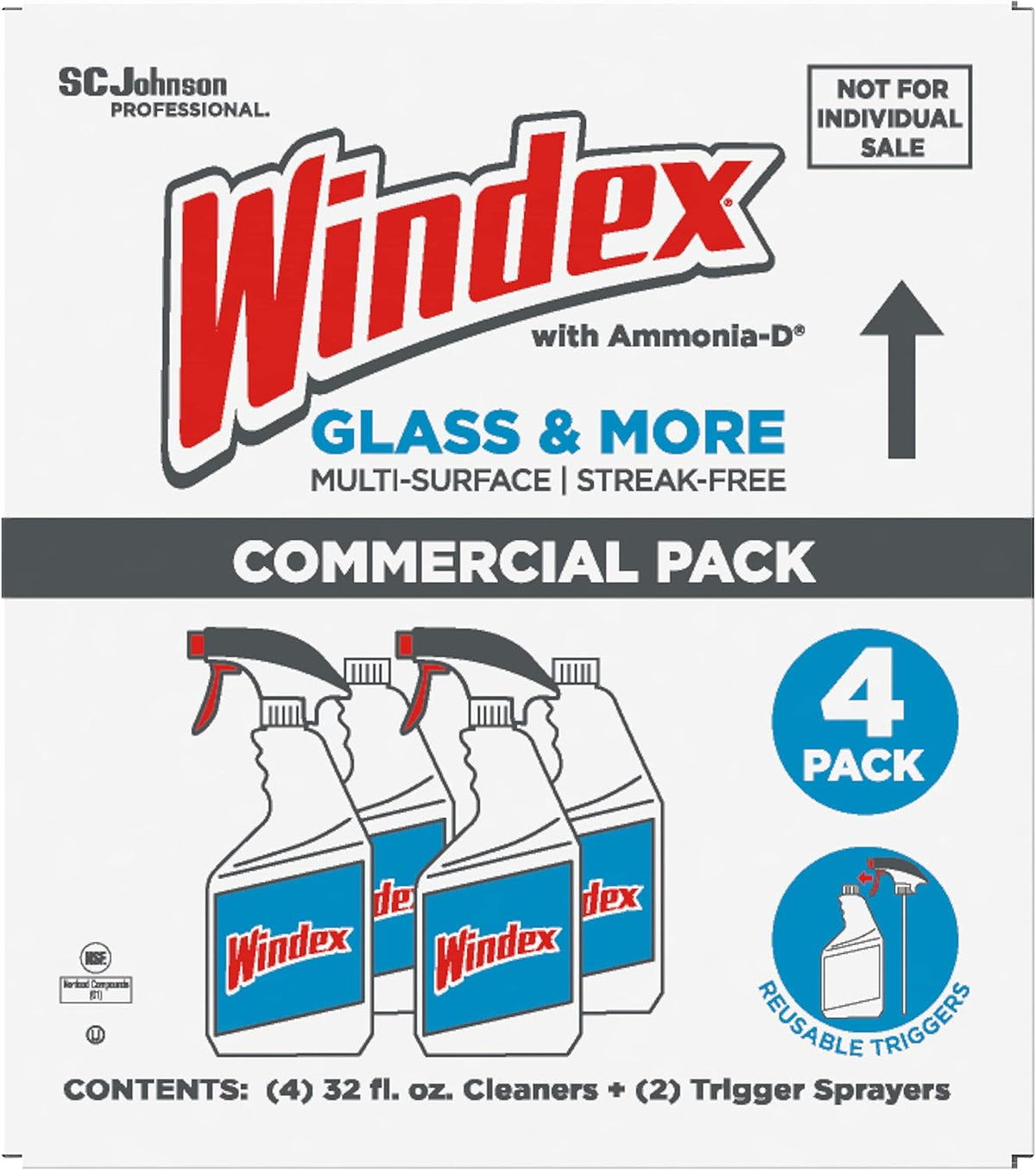 SC Johnson Professional Windex Original Glass Cleaner, Fresh Scent, 32 oz Spray Bottle, 4/Carton (327171)