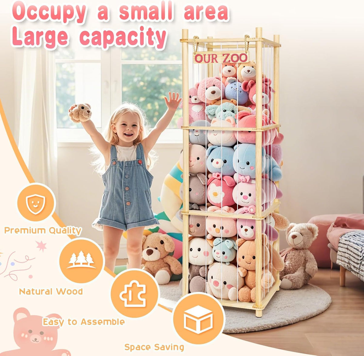 Stuffed Animal Storage - Tall Natural Pine Wood Toy Organizer with Elastic Cords & Shelf, Space-Saving Plushie Playhouse for Nursery, Playroom, Kids Bedroom - Easy Assembly