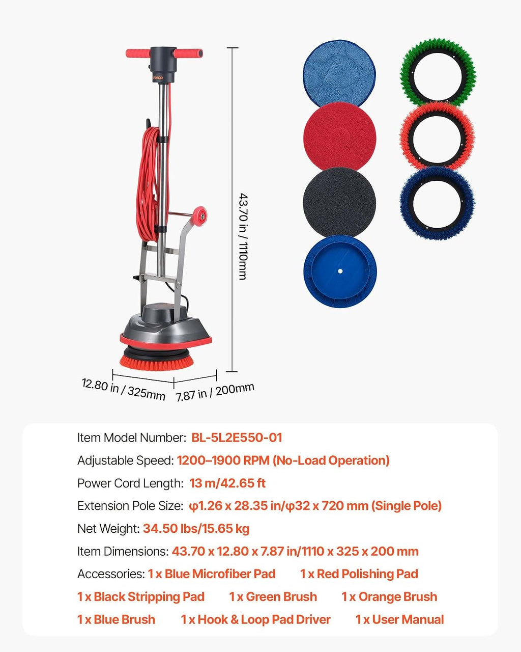 VEVOR Floor Scrubber Machine, 13" Heavy Duty Floor Cleaner Polisher
