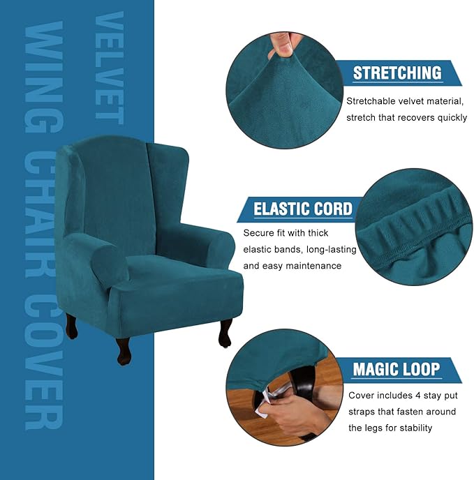 H.VERSAILTEX Wingback Chair Covers Velvet Plush Wing Chair Slipcover 1 Piece - Image 2
