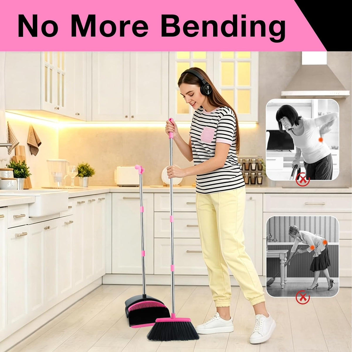 Broom and Dustpan Set,Long Handle Lightweight Dustpans with Broom Combo for Home,Indoor&Outdoor Sweeping for Home Room Kitchen Office Lobby (Black Pink)