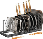 Pots and Pans Organizer under Cabinet, Expandable Pot Lid Organizer Holder with 12 Adjustable Compartment, Pan Organizers inside Cabinet for Lids, Bakeware, Kitchen Storage Pot Rack, Black