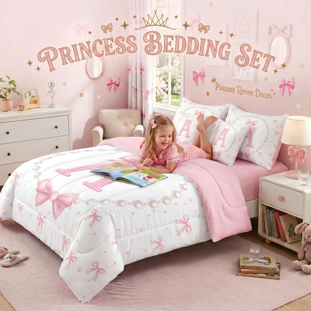 Erosebridal Girls Pink Bow Initial Twin Comforter Set with Sheets - Monogrammed Letter A Bows Bedding Set 7 Piece for Kids Teen, Pink White Ribbon Bow Tie Fitted Flat Sheet, Cute Bowknot Bed Set