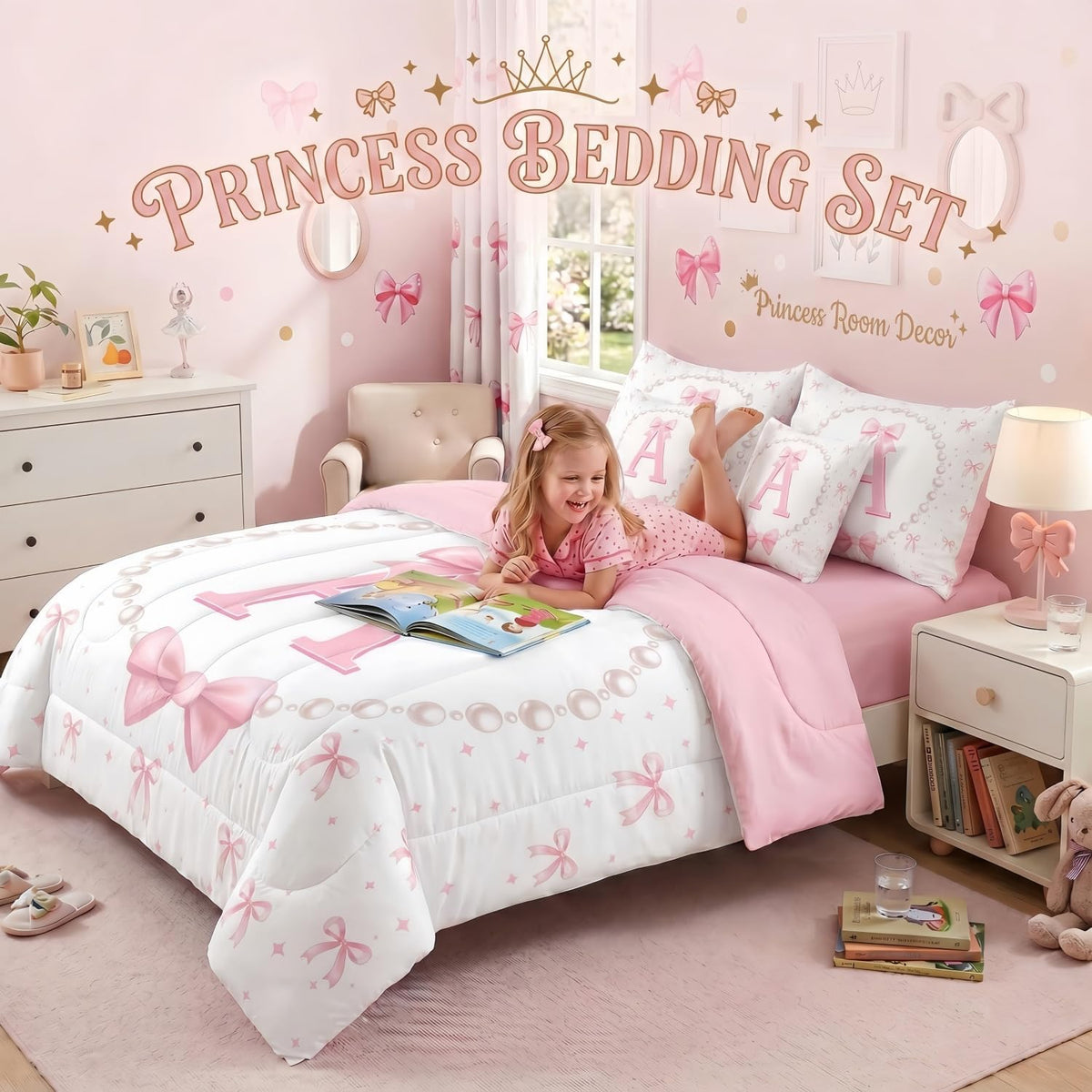 Erosebridal Girls Pink Bow Initial Twin Comforter Set with Sheets - Monogrammed Letter A Bows Bedding Set 7 Piece for Kids Teen, Pink White Ribbon Bow Tie Fitted Flat Sheet, Cute Bowknot Bed Set