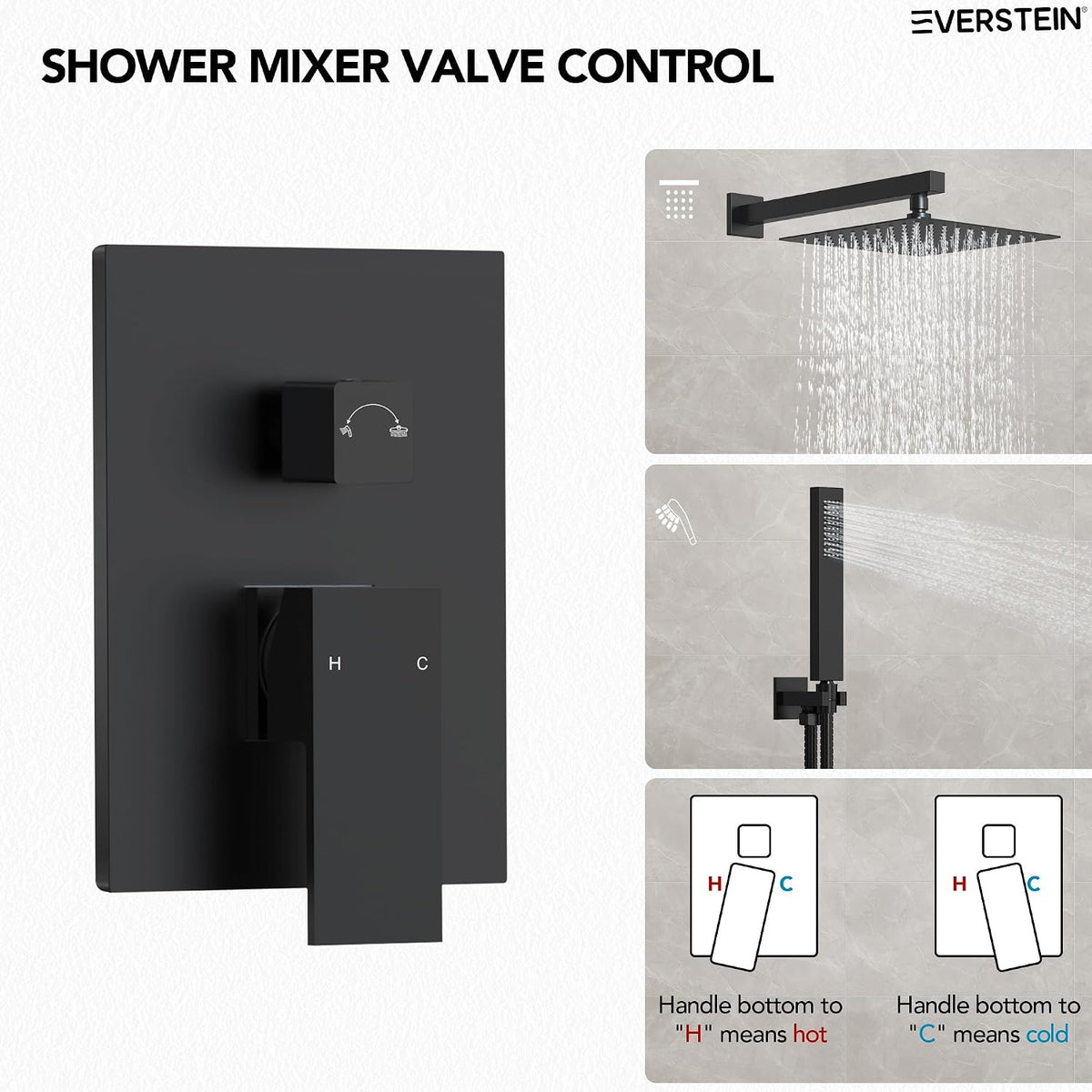 10 Inch High Pressure Rainfall Shower System with Handheld Spray, Wall Mount Bathroom Shower Faucet Set with Valve (Matte Black)