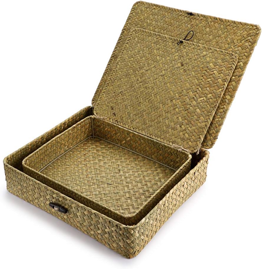 Hipiwe 2 Packs Flat Wicker Basket Box with Lid Woven Seagrass Storage Bins