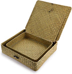 Hipiwe 2 Packs Flat Wicker Basket Box with Lid Woven Seagrass Storage Bins