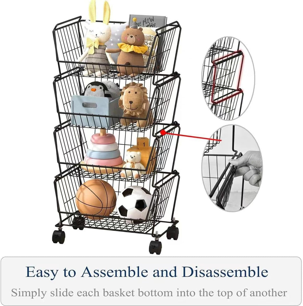 PUSDON 4-Tier Spacious Stackable Wire Storage Baskets with Wheels, Metal Rolling Utility Cart, Produce Basket for Pantry, Bathroom Organizer Shelf, Matte Black