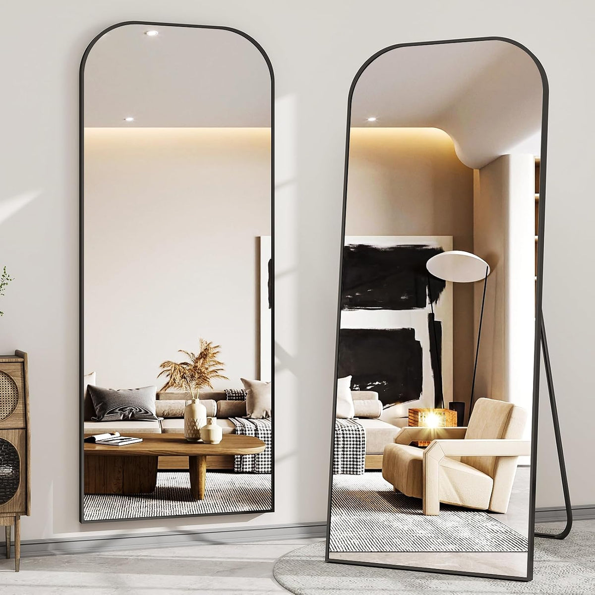 56x21 Inch Full Length Mirror - Large Floor Standing & Wall Mountable Full Body Mirror with Sturdy Aluminum Frame, Arched Top Design, Freestanding or Hanging for Bedroom, Living Room, Cloakroom,Black