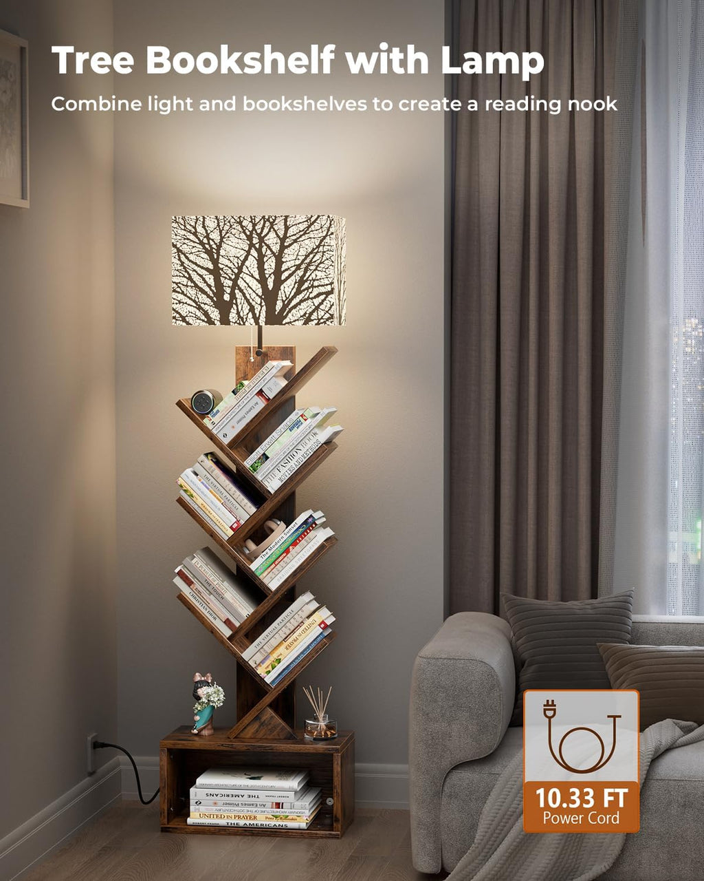 Evermagin 6 Tier Tree Bookshelf with Light, Bookcase, Branch Pattern