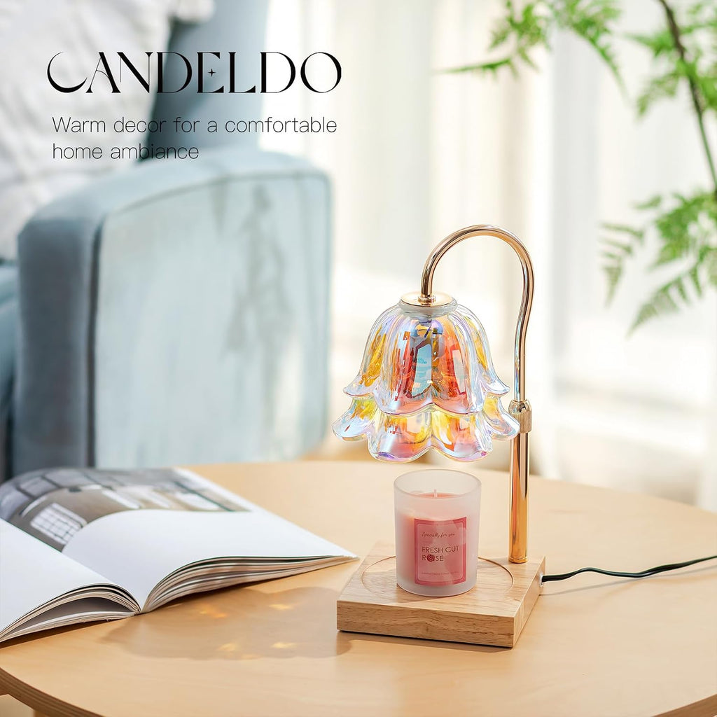 Candeldo Candle Warmer Lamp with Timer, Iridescent Floral Glass Shade