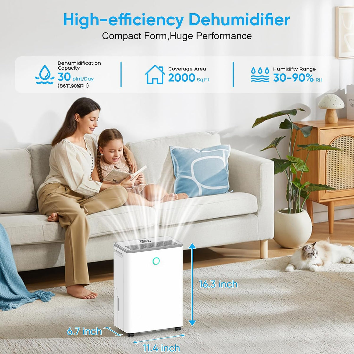 Dehumidifiers for Home, 30 Pint Dehumidifier for Basement with Drain Hose
