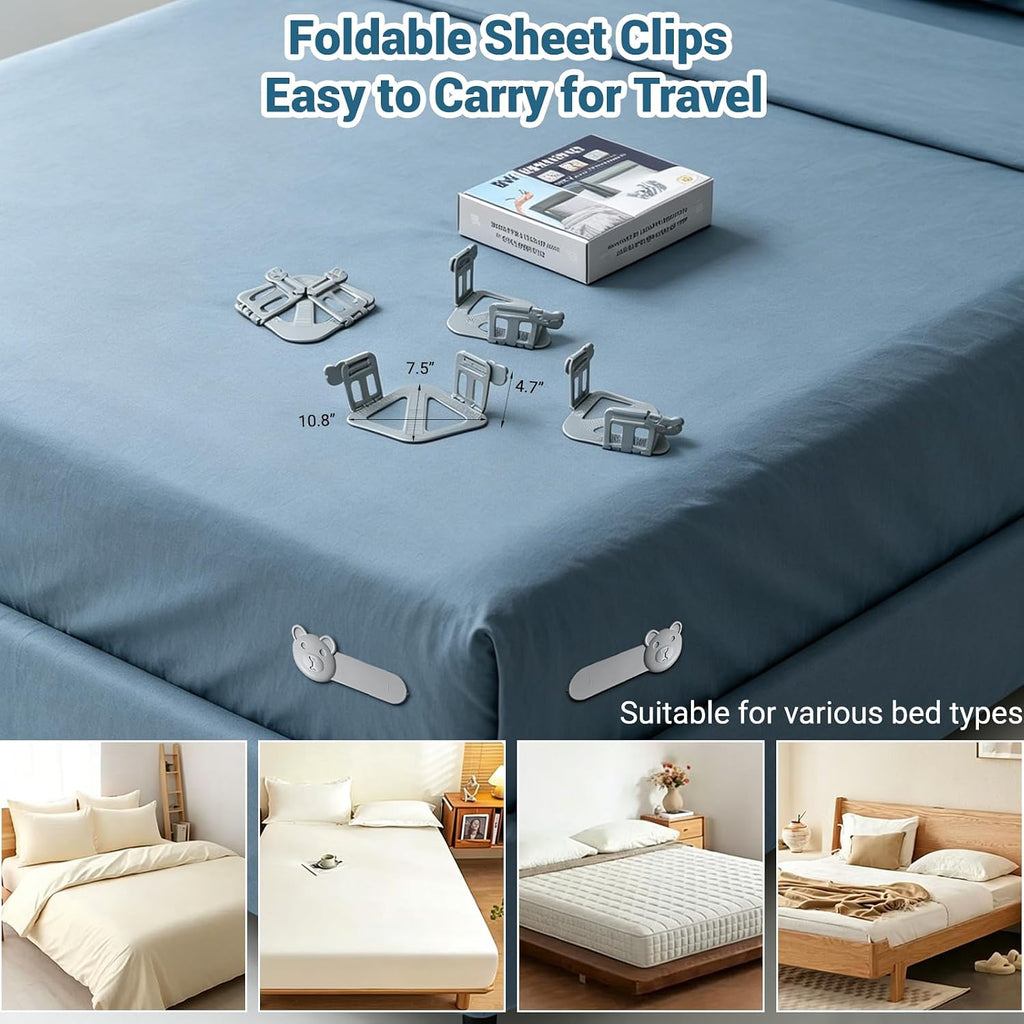 Bed Sheet Holders Keep Bed Sheet Flat-4 Upgrade Pack Sheets Holder Foldable Sheets Holder for Portable and Suitable All Kind of Bed (Gray)