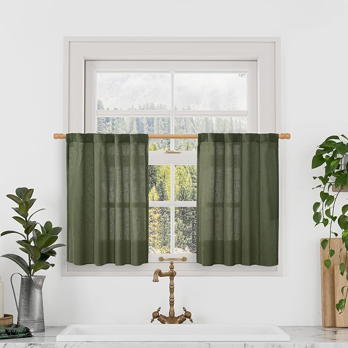 LAMIT Olive Green Linen Kitchen Curtains 24 Inch Length, Semi Sheer Light by LAMIT