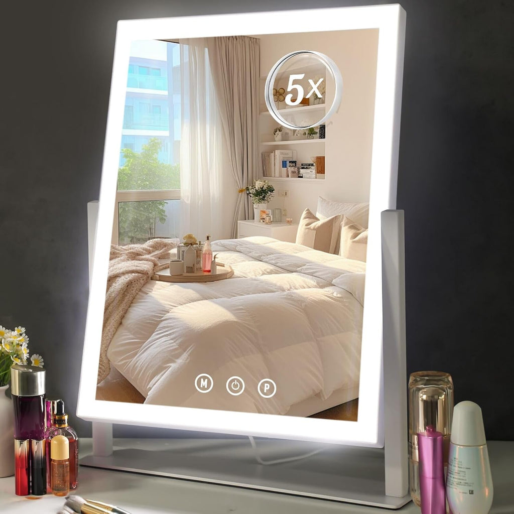 ViKert Vanity Mirror with Lights,Makeup Mirror with 5X Magnification Mirror, Light up Desk Mirror, Led Mirror for Desks, Makeup Vanity Mirror, 3 Color, Touch Control