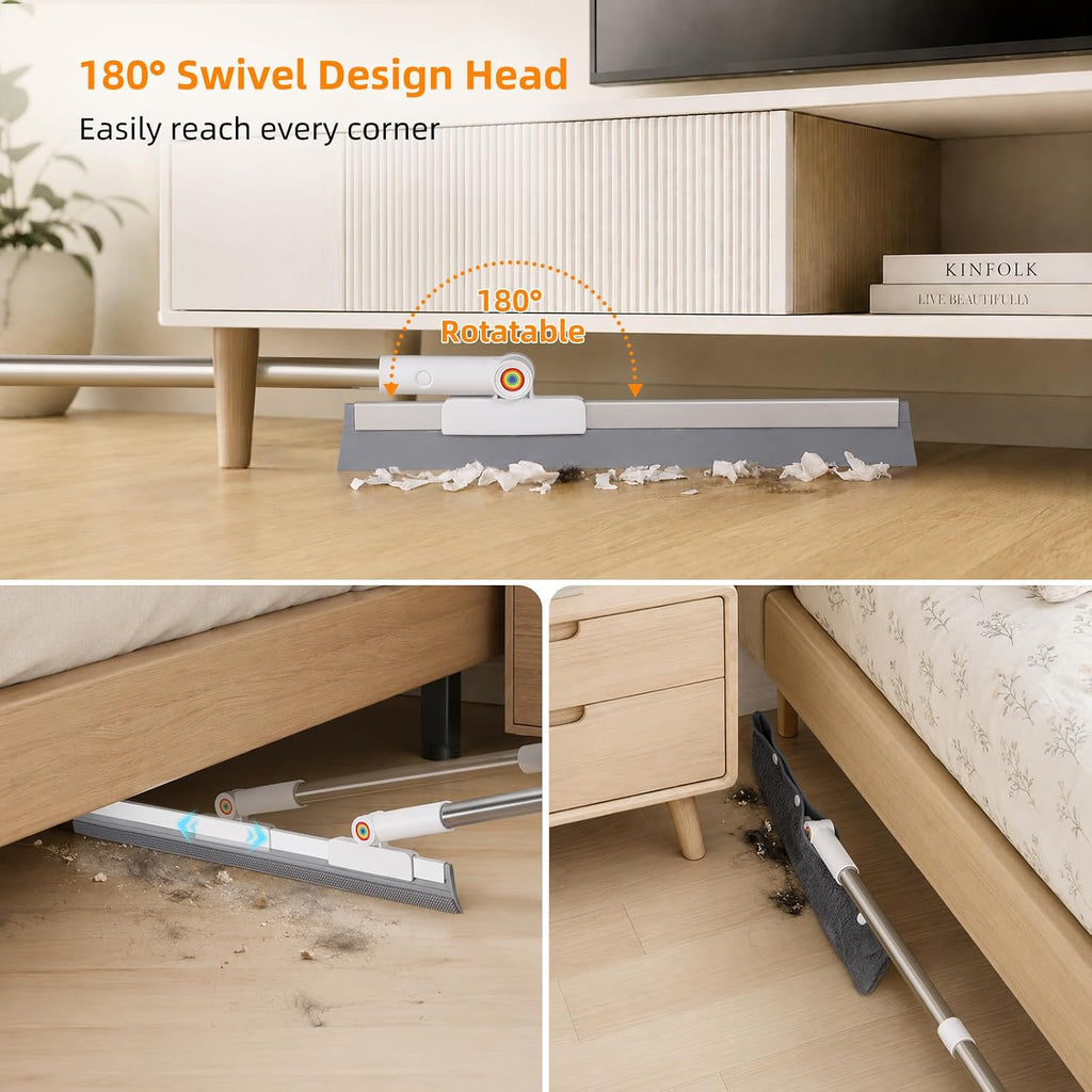 Floor Squeegee Broom, 62" Long Handle with 2 Washable Microfiber Pads