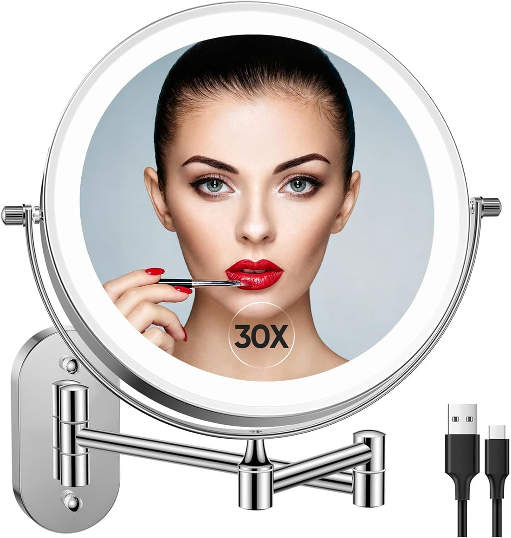 9"Wall Mounted Makeup Mirror with Lights,5000mAh Rechargeable 1X/30X