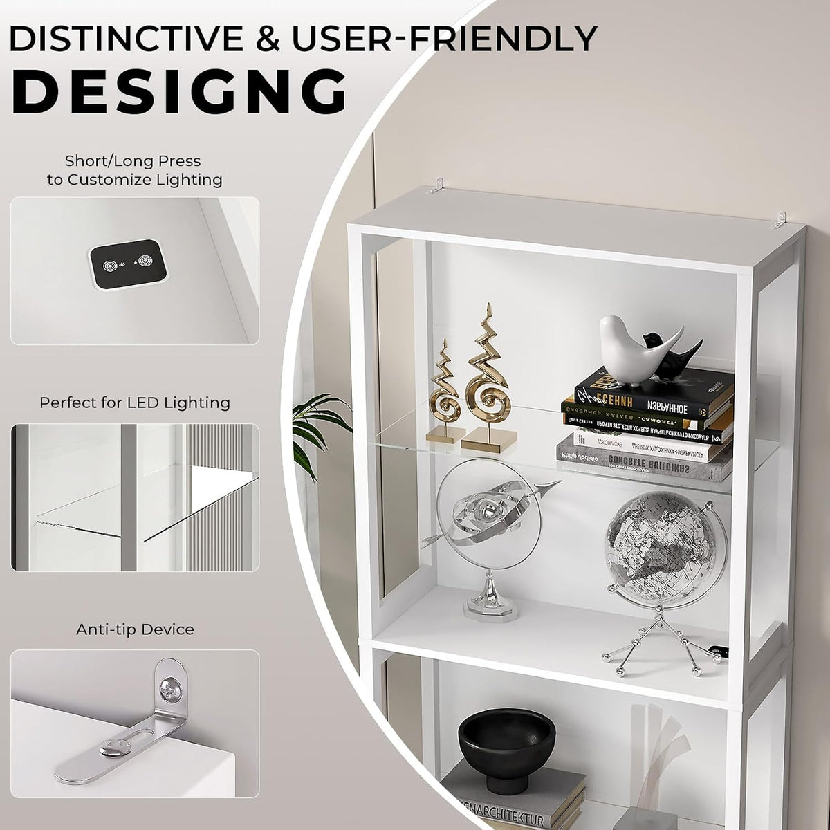 Display Cabinet with Glass Shelves, 4-Tier Display Shelf, White