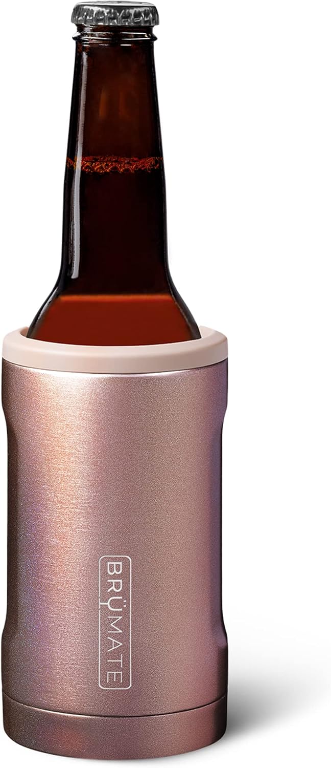 BrüMate Hopsulator Bott'l Insulated Bottle Cooler for Standard 12oz Glass Bottles | Glass Bottle Insulated Stainless Steel Drink Holder for Beer and Soda (Glitter Rose Gold)