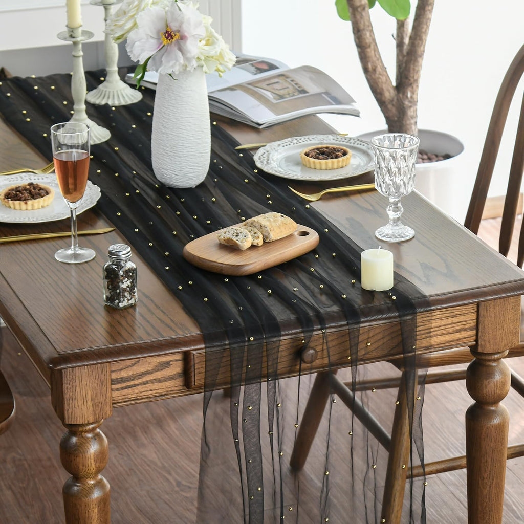 Artoid Mode 6-Pack Pearl Black Gauze Table Runner 10FT Home Decor