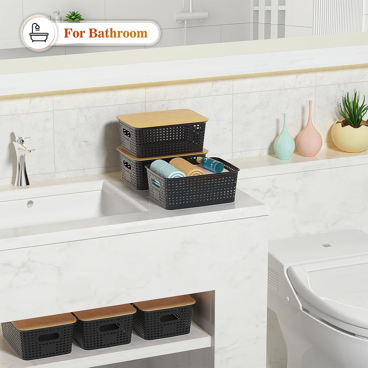 Ohmlove 6 Pack Plastic Storage Baskets with Bamboo Lids for Organization