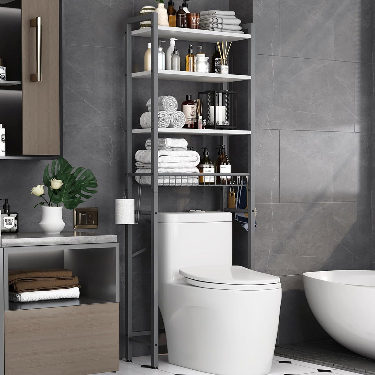 Kalrin Over-The-Toilet Storage Rack, 4-Tier Bathroom Organizer Shelf Over Toilet with Adjustable Shelf and Basket, Freestanding Space Saver Bathroom Shelves Above Toilet for Room (Gray- White)