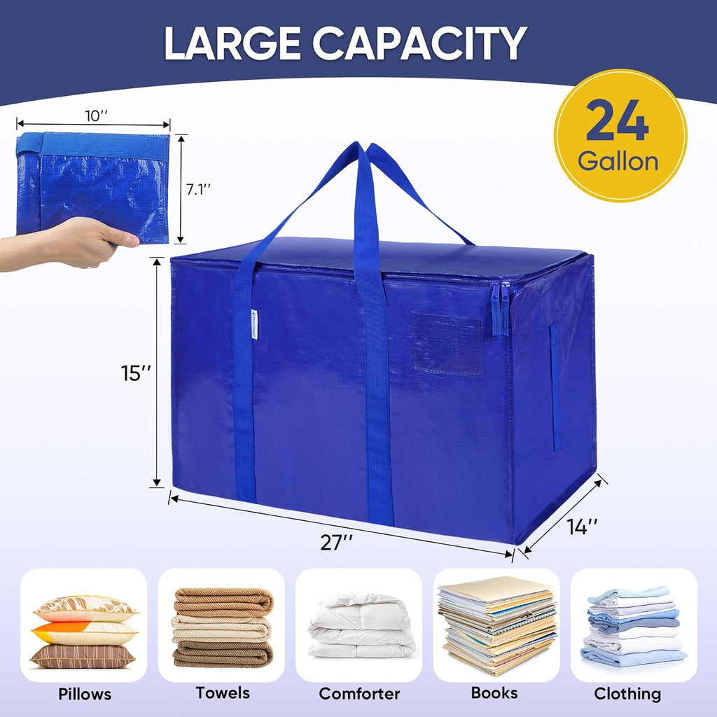 TICONN 8 Pack Extra Large Moving Bags Heavy Duty with Zippers & Carrying Handles, Durable Storage Bags Moving Boxes for Closet Organizers and Storage (8 Pack, Blue)
