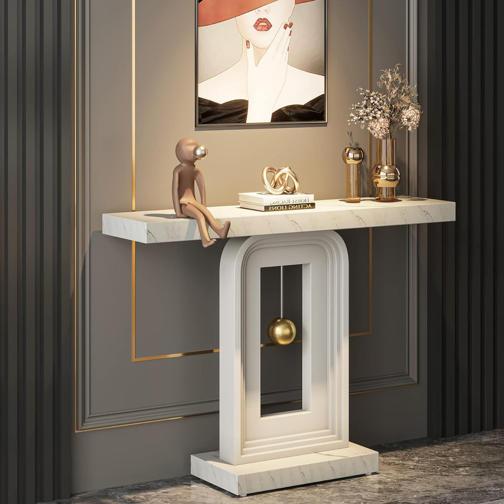 Tribesigns Modern Console Table, 40 Inches Faux Marble Sofa Table, Contemporary Entryway Table with Pendulum Shape Base for Living Room Hallway Entrance, White