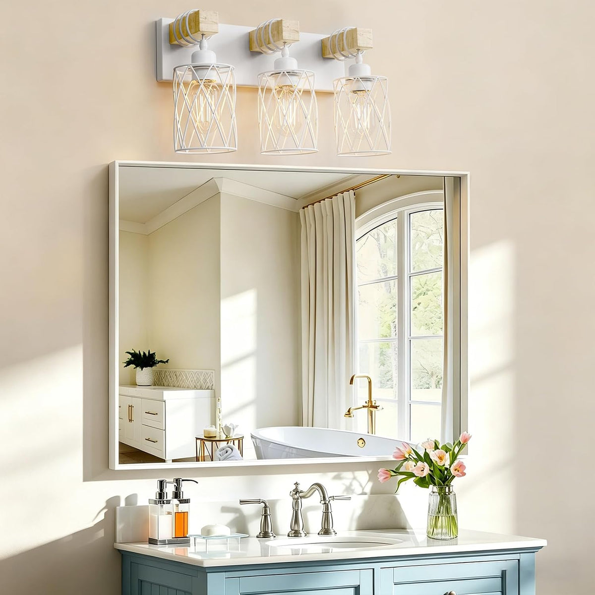 IZORRO Farmhouse Bathroom Vanity Light, 3-Light Wood Bathroom Light Fixtures Over Mirror, Matte White Industrial Vanity Lights with Metal Shade, Rustic Restroom Lighting Fixtures