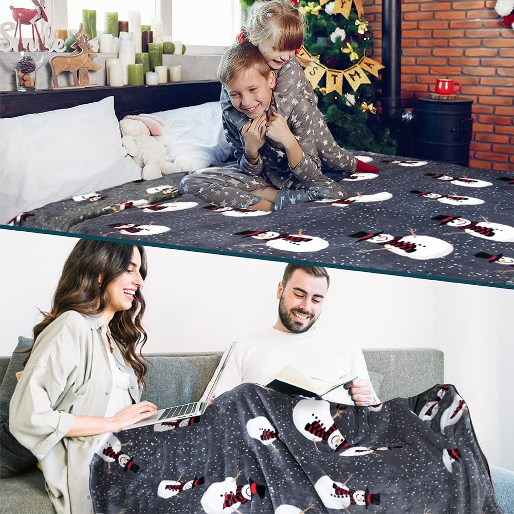 PAVILIA Christmas Snowman Throw Blanket, Grey Winter Fleece, 50x60