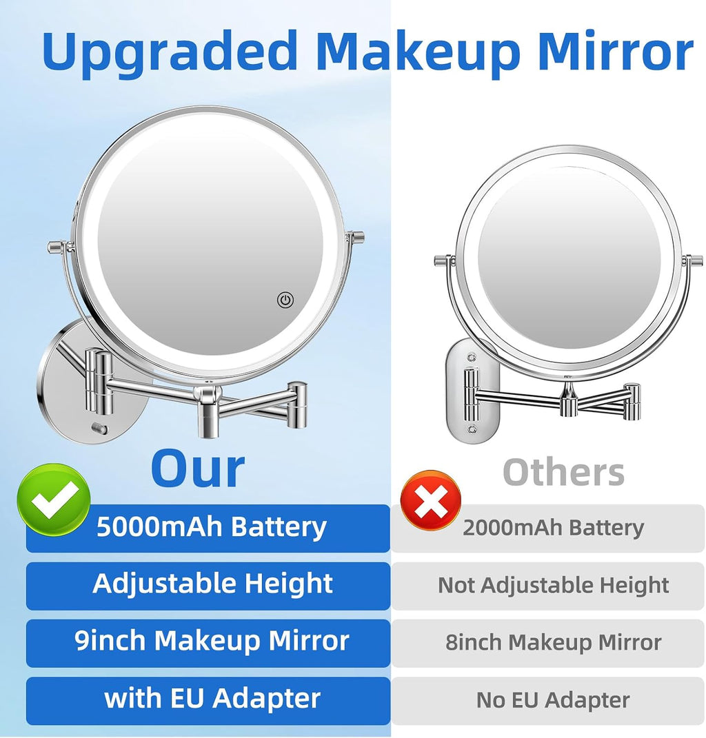 9"Wall Mounted Makeup Mirror with Lights,5000mAh Rechargeable 1X/30X