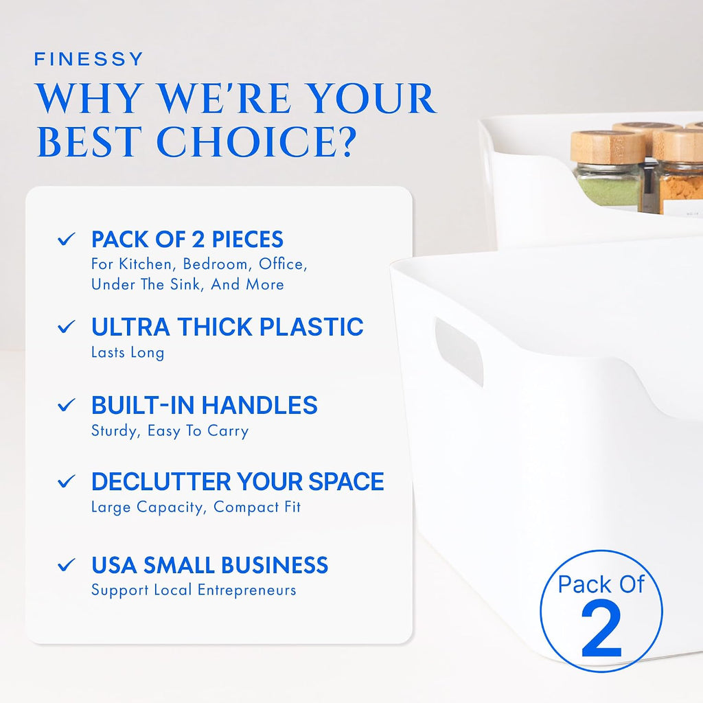 FINESSY White Plastic Storage Bins for Pantry with Handle 2 Pack White Bins