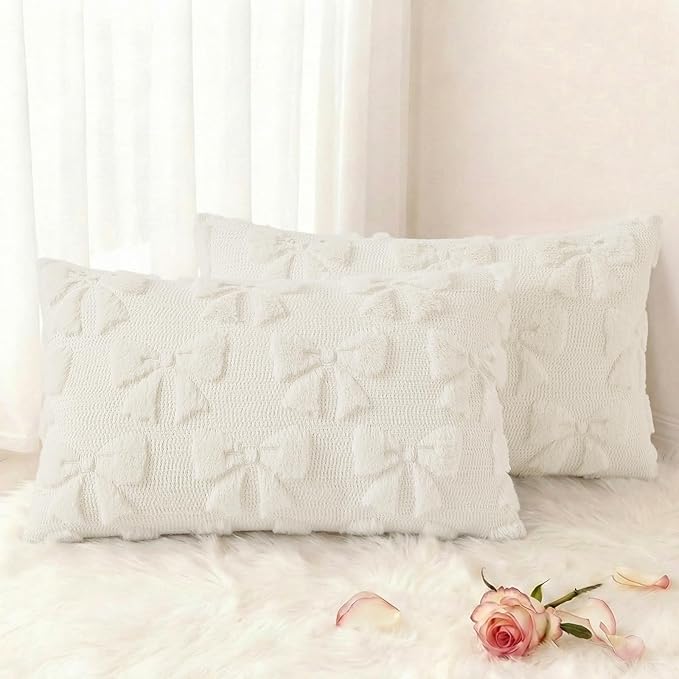 decorUhome Cream White Bow Pillow Covers Set of 2 Coquette Aesthetic Cute by decorUhome