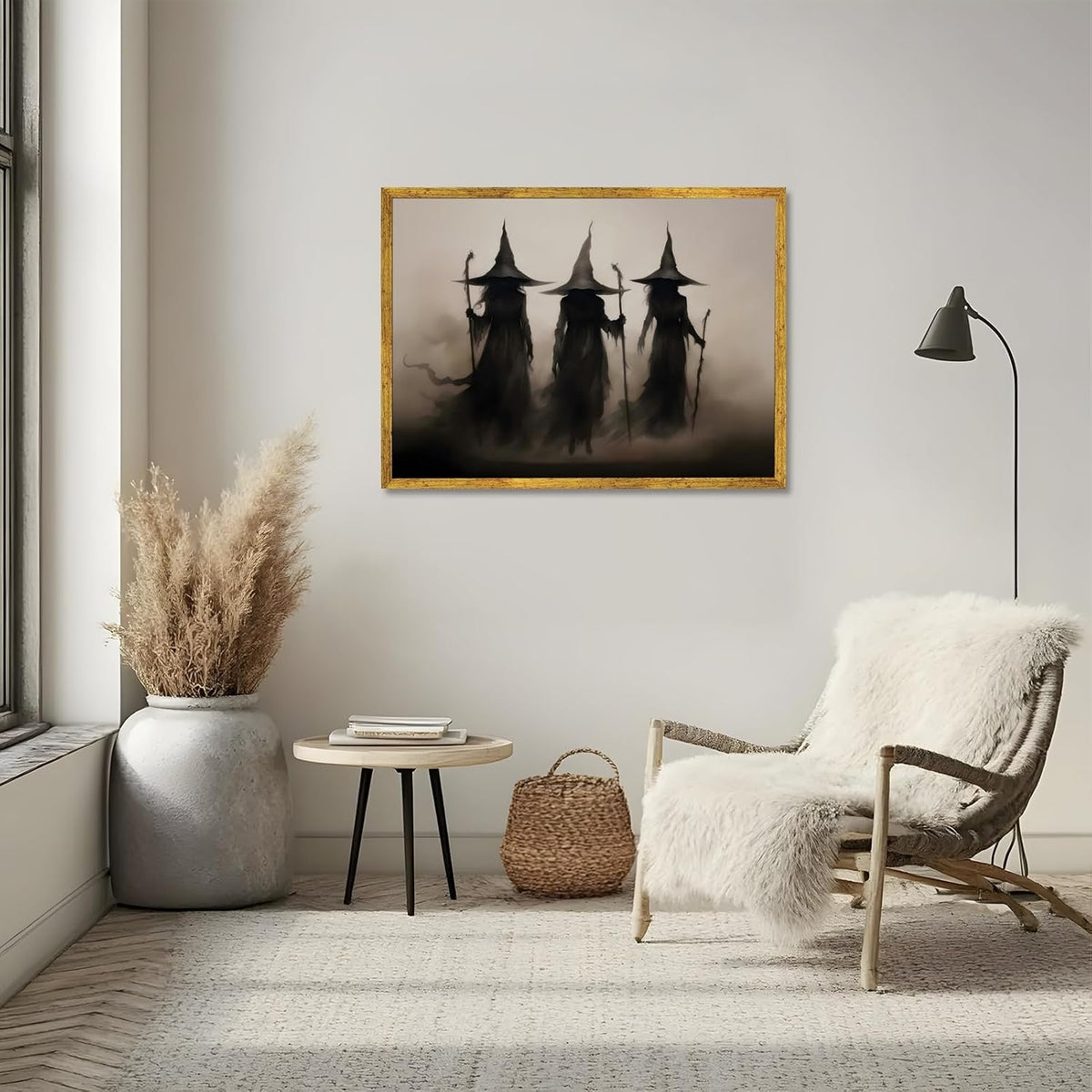 Three Witches Framed Halloween Wall Art Print Vintage Creepy Witchy Poster Spooky Gothic Mystical Witch Picture Dark Academia Occult Canvas Painting Decor for Bedroom Dorm Party Room 8x12inch