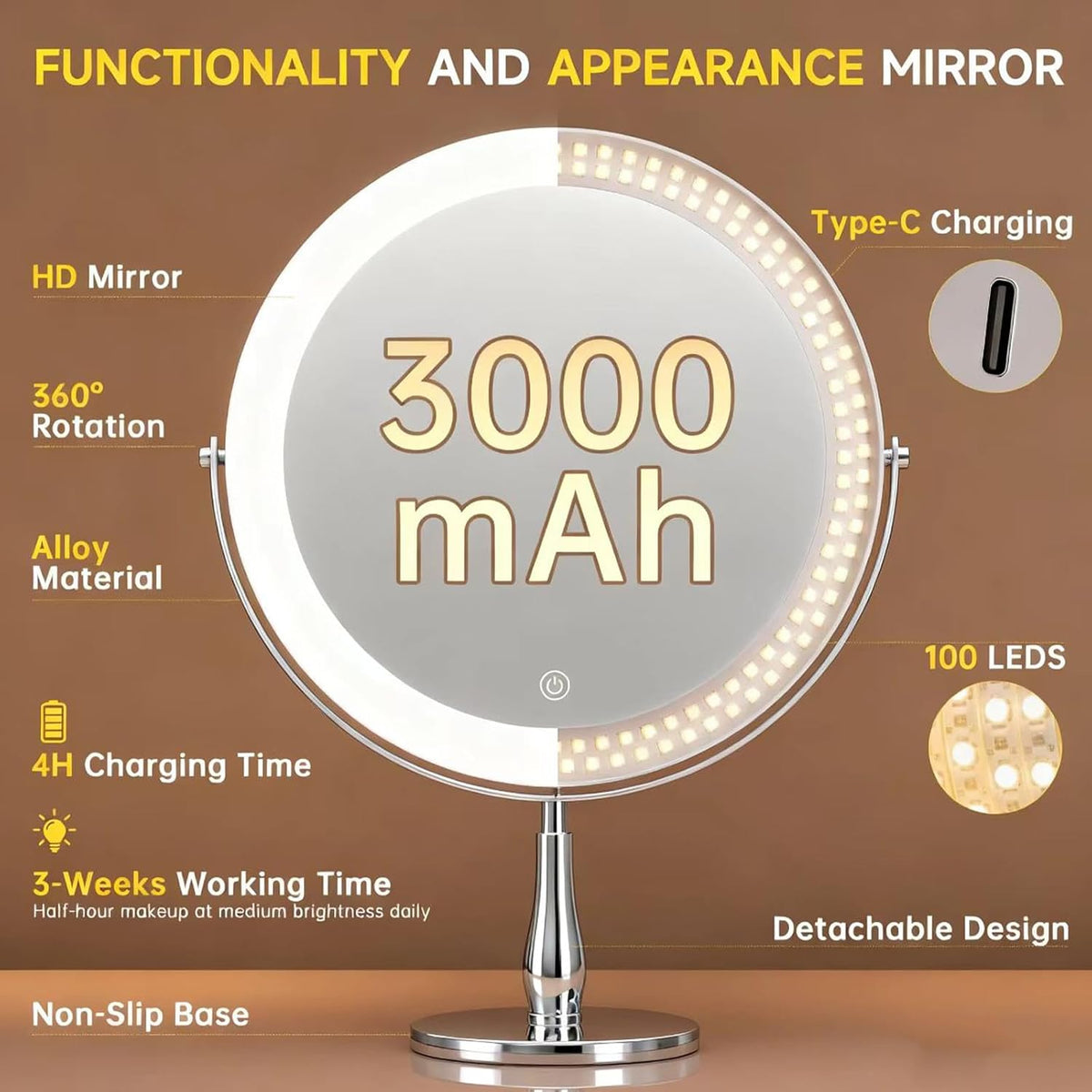 8" Rechargeable Makeup Mirror, 1X/10X Magnifying Vanity Mirror with Light