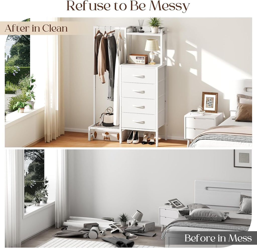 Yoobure White Dresser with Hanging Rack - Small Dresser for Bedroom with 4 Drawers, 44'H Chest of Drawers, Reversible Kids Dressers with Storage Shelf, Closet Dressers, Dorm Essentials, Sturdy Frame