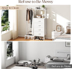 Yoobure White Dresser with Hanging Rack - Small Dresser for Bedroom with 4 Drawers, 44'H Chest of Drawers, Reversible Kids Dressers with Storage Shelf, Closet Dressers, Dorm Essentials, Sturdy Frame