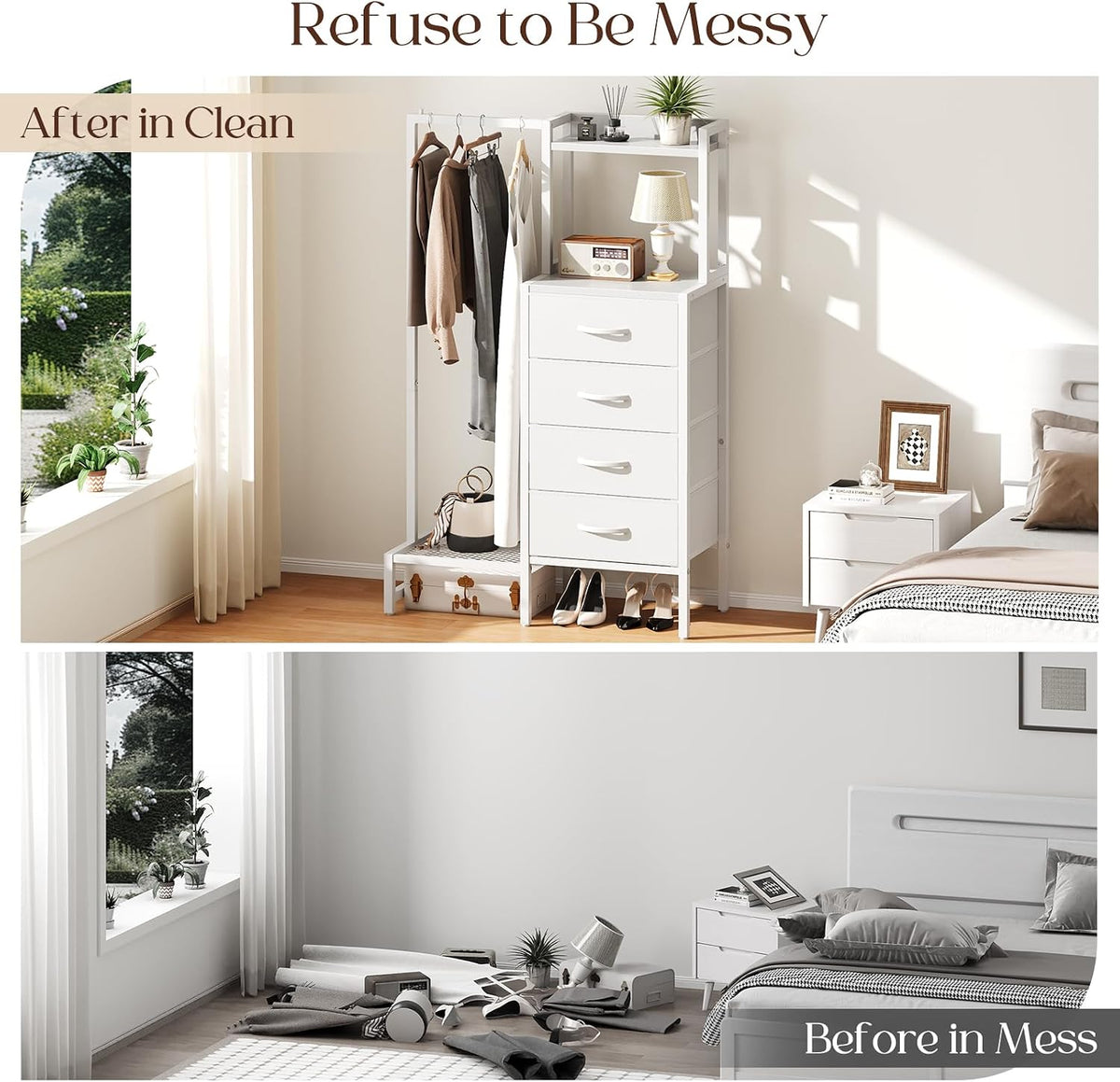 Yoobure White Dresser with Hanging Rack - Small Dresser for Bedroom with 4 Drawers, 44'H Chest of Drawers, Reversible Kids Dressers with Storage Shelf, Closet Dressers, Dorm Essentials, Sturdy Frame