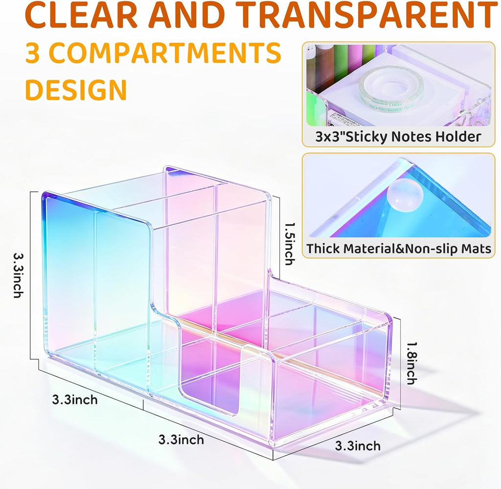 Iridescent Acrylic Desk Organizer with 3 Compartments - Clear Pencil Holder for Office, School & Home - Large Capacity Stationery Storage for Pens, Scissors, Sticky Notes, Paper Clips - Non-Slip Base