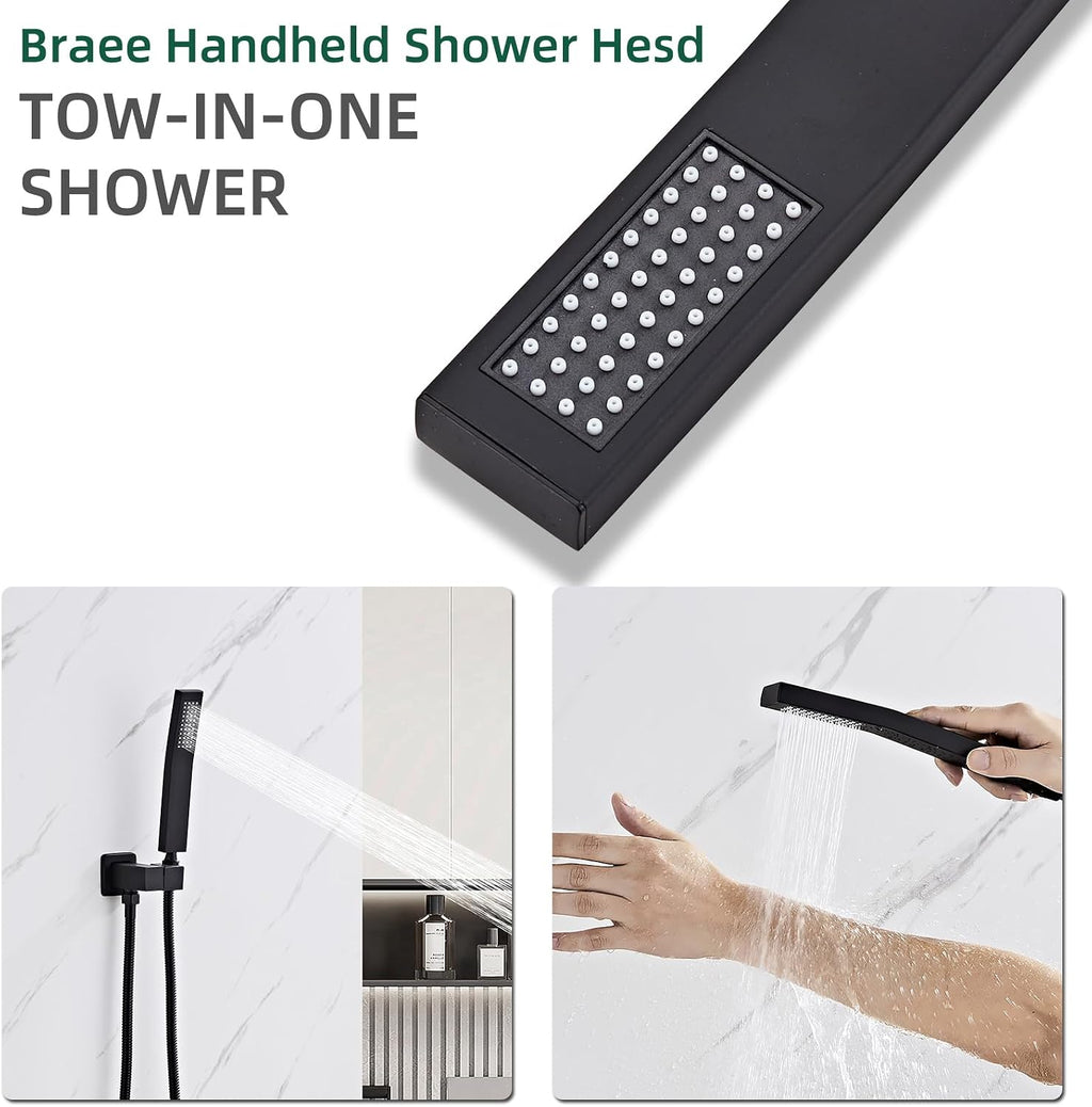 Bathroom Square Matte Black Solid Brass Hand Held Shower Head With Wall Connector and Hose System Wall Mount Handheld Showerheads Set