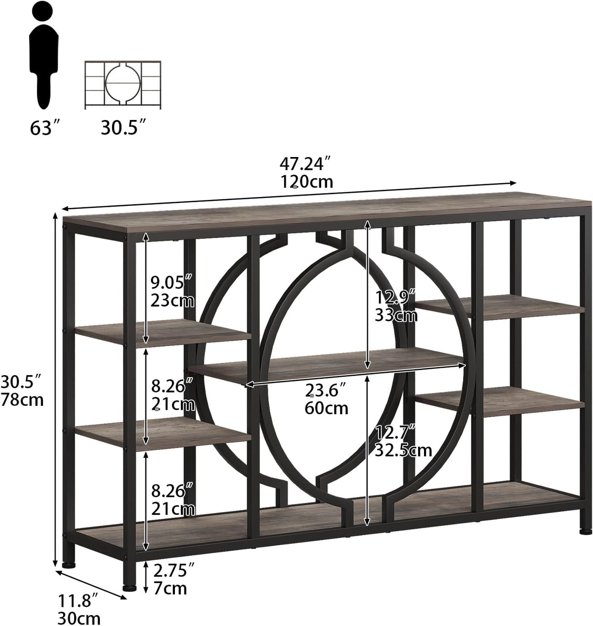 GiftGo 47" Industrial Console Tables for Entryway Rustic Sofa Table Behind Couch 4 Tier Wooden Shelves Entry Table with Storage for Foyer, Hallway, Front Door,Living Room (Retro Grey, 47")