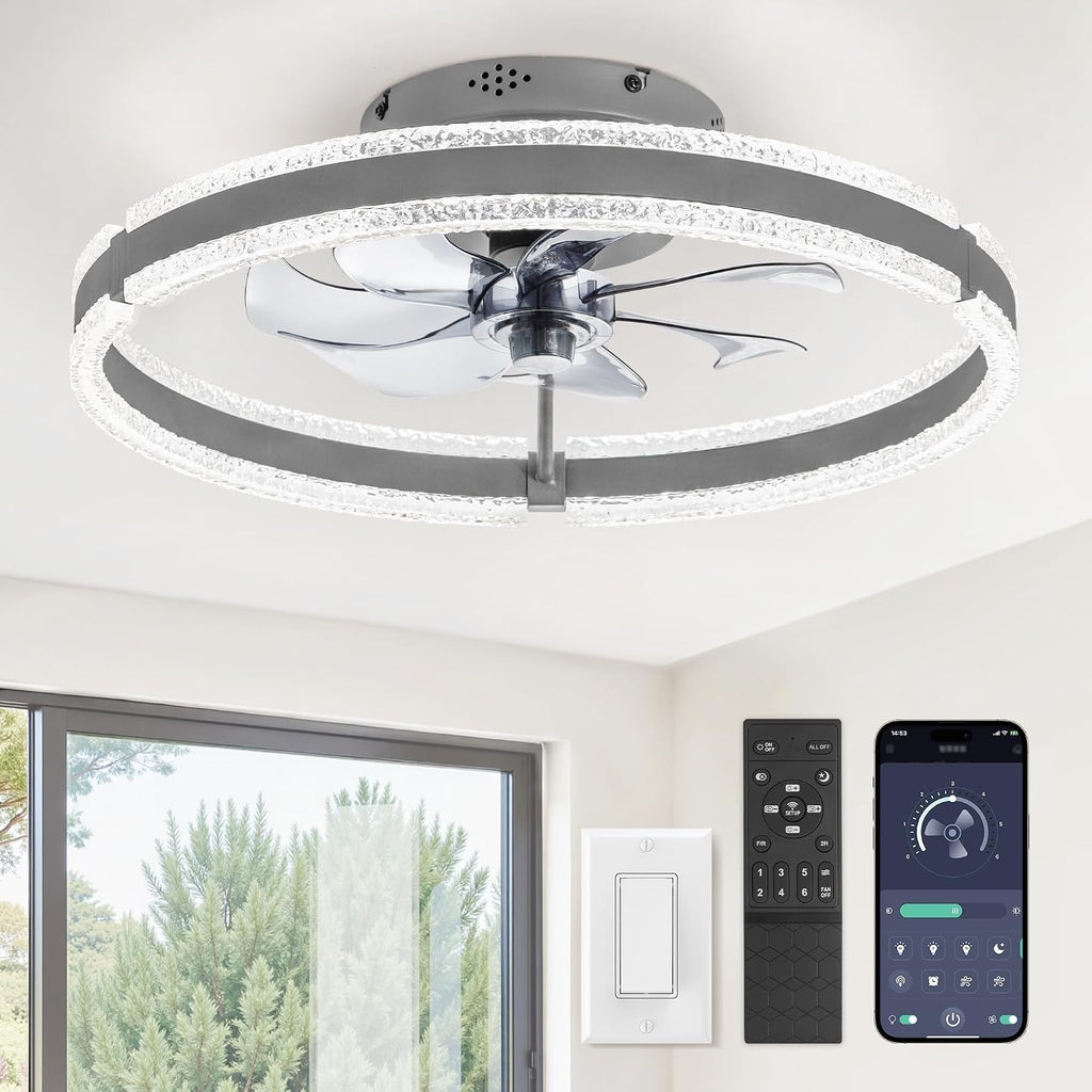 LEDIARY Ceiling Fans with Lights and Remote, 20'' Low Profile Ceiling Fan with Light, 3000-6000K Dimmable Fandelier Ceiling Fans, Modern Flush Mount Fan Light for Bedroom with 6 Wind Speeds-Sandy Gray