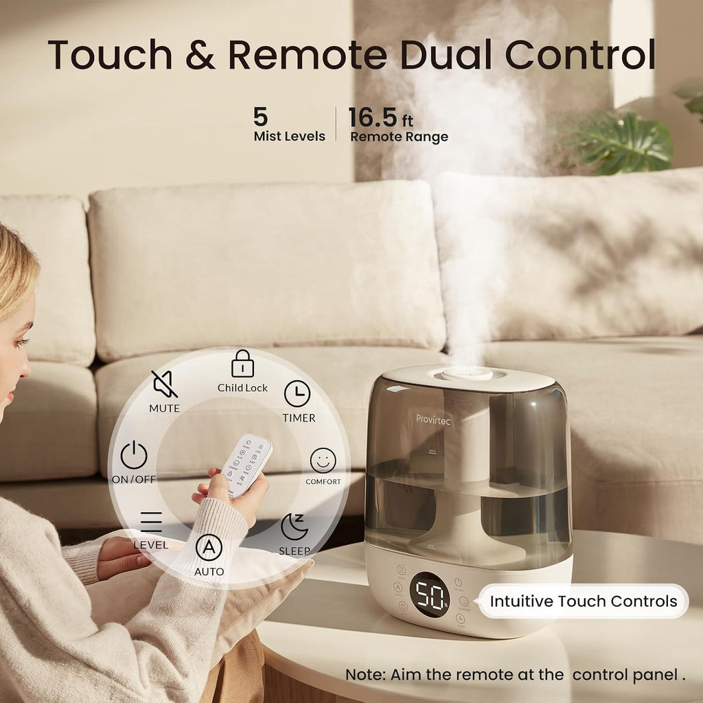 Provirtec Cool Mist Humidifier for Bedroom Easy to Clean, 6L Ultrasonic