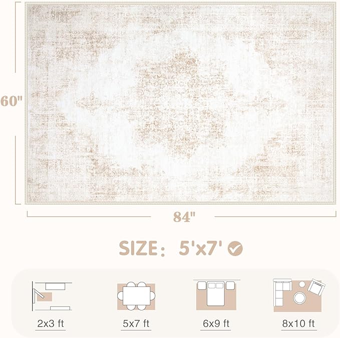 Area Rug 5x7 Vintage Rug: Washable Living Room Rugs Retro Medallion Distressed - Image 2