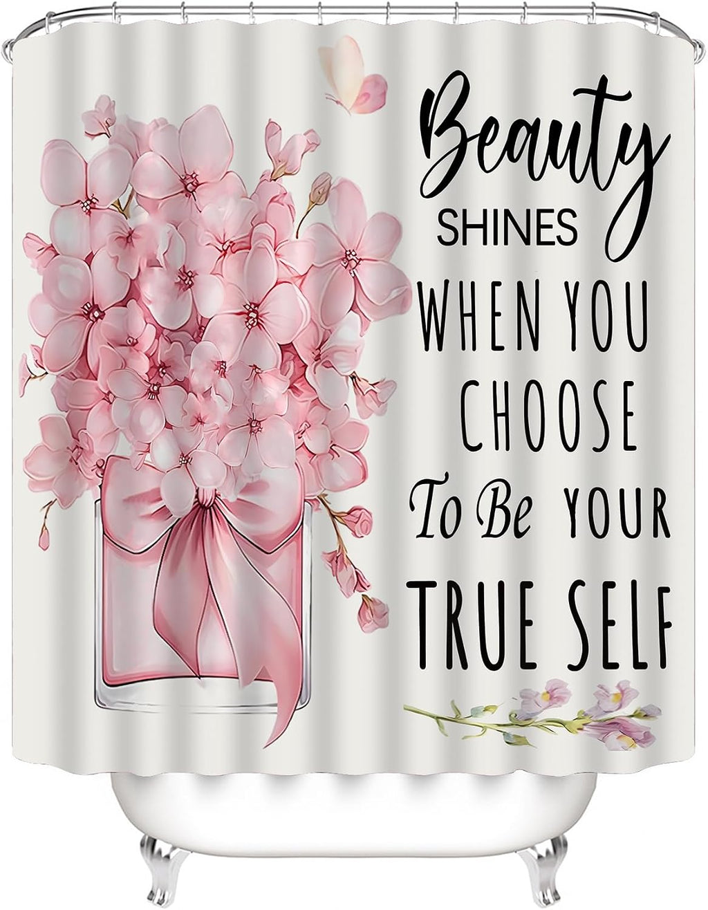 AZHM 4pcs Pink Floral Bathroom Shower Curtain Set with Rugs and Accessories