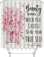 AZHM 4pcs Pink Floral Bathroom Shower Curtain Set with Rugs and Accessories